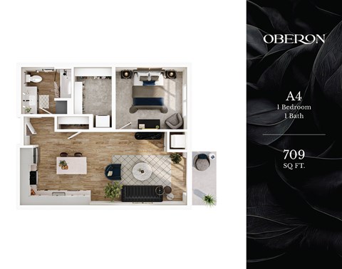 Floor plan for 1 bed, 1 bath, 709 sqft